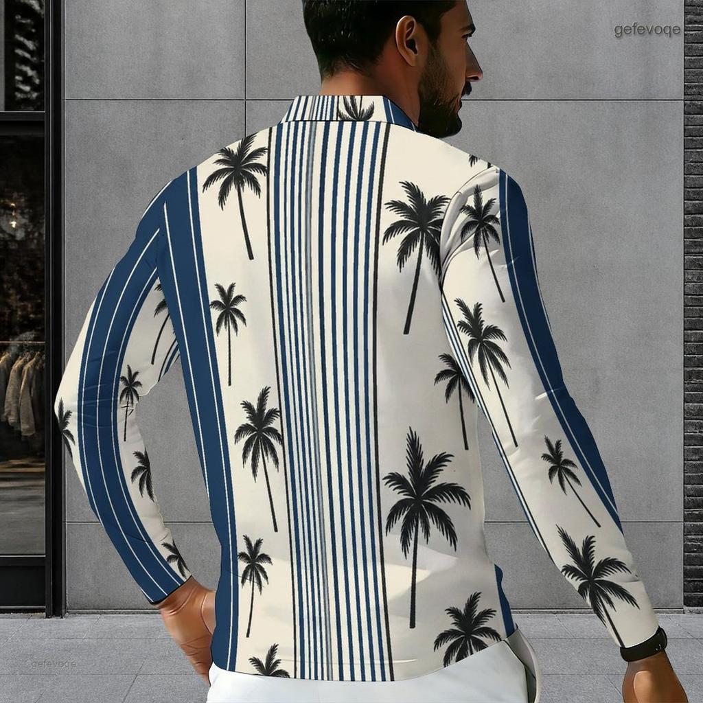 Men s Plus Size Long Sleeve Quarter Zip Collared Polo Shirt Striped Palm Tree Print Beige Navy Blue