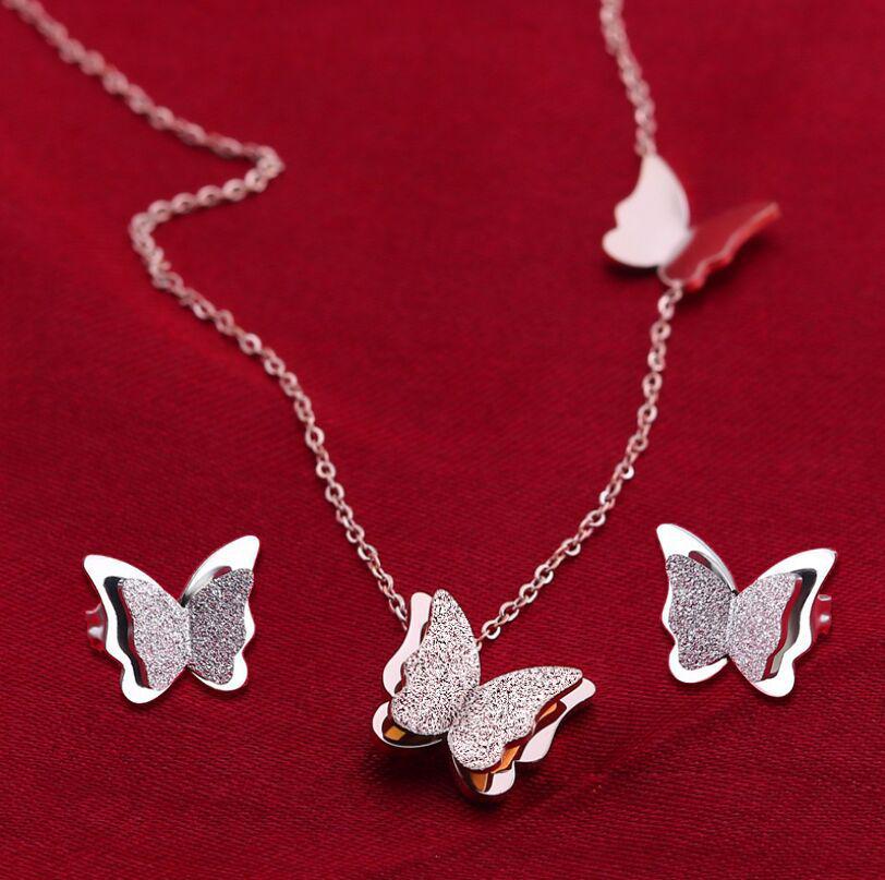Elegant Stainless Steel Butterfly Pendant Necklace & Earring Set - Minimalist Clavicle Chain Jewelry