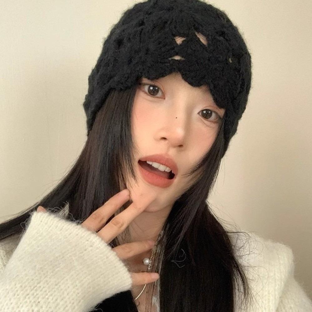 Hollow Knitted Pullover Hat Solid Color Beanies Cap Cute Crochet Flower Hat  Girls