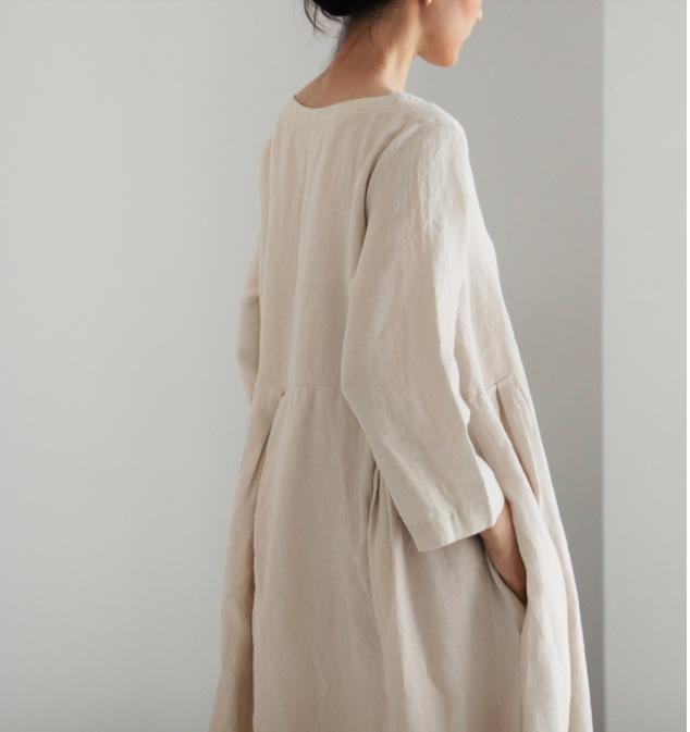 Plus Size Women Loose Cotton Linen Dress Oversized Round Neck Long Dress Elegant Casual Robe Spring Summer Autumn Dresses