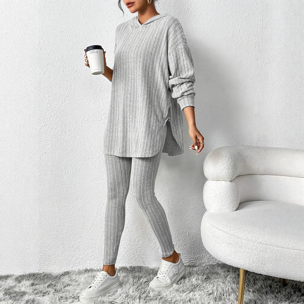 Completo da Loungewear da Donna a Coste con Felpa con Cappuccio Oversize e Spacco Laterale + Leggings Completo 2 Pezzi Morbido Casual Abbigliamento per la Casa Tuta