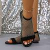 Fashion Plus Size Flat Sandals Fall New Round Toe Open Toe Rhinestone Mesh Breathable Soft Sole Romans