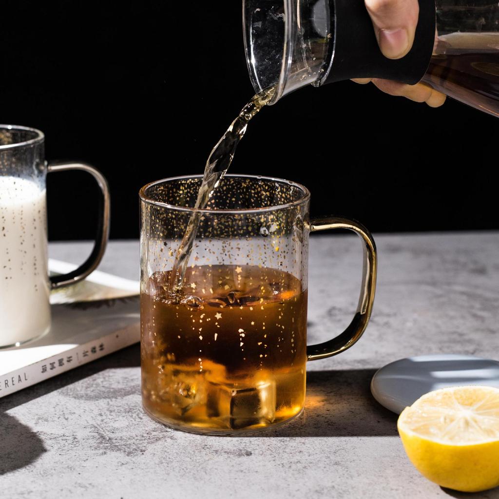 Tazza d'acqua Cielo Stellato in Vetro Oro e Argento da Tenere in Mano a Casa con Coperchio e Cucchiaino Tazza da Caffè Tazza da Ragazza dall'Aspetto Sofisticato