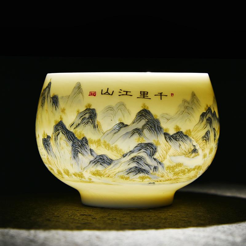 Suet Jade Master Cup Tea Cup Gift Ceramic Thousand Miles Jiangshan Tea Cup Gift Personal Special Tea Cup