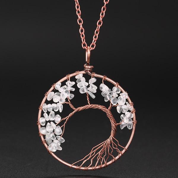 Hand-Wound Natural Stone Crystal Ancient Red Copper Curved Tree Of Life Curved Tree Necklace N01