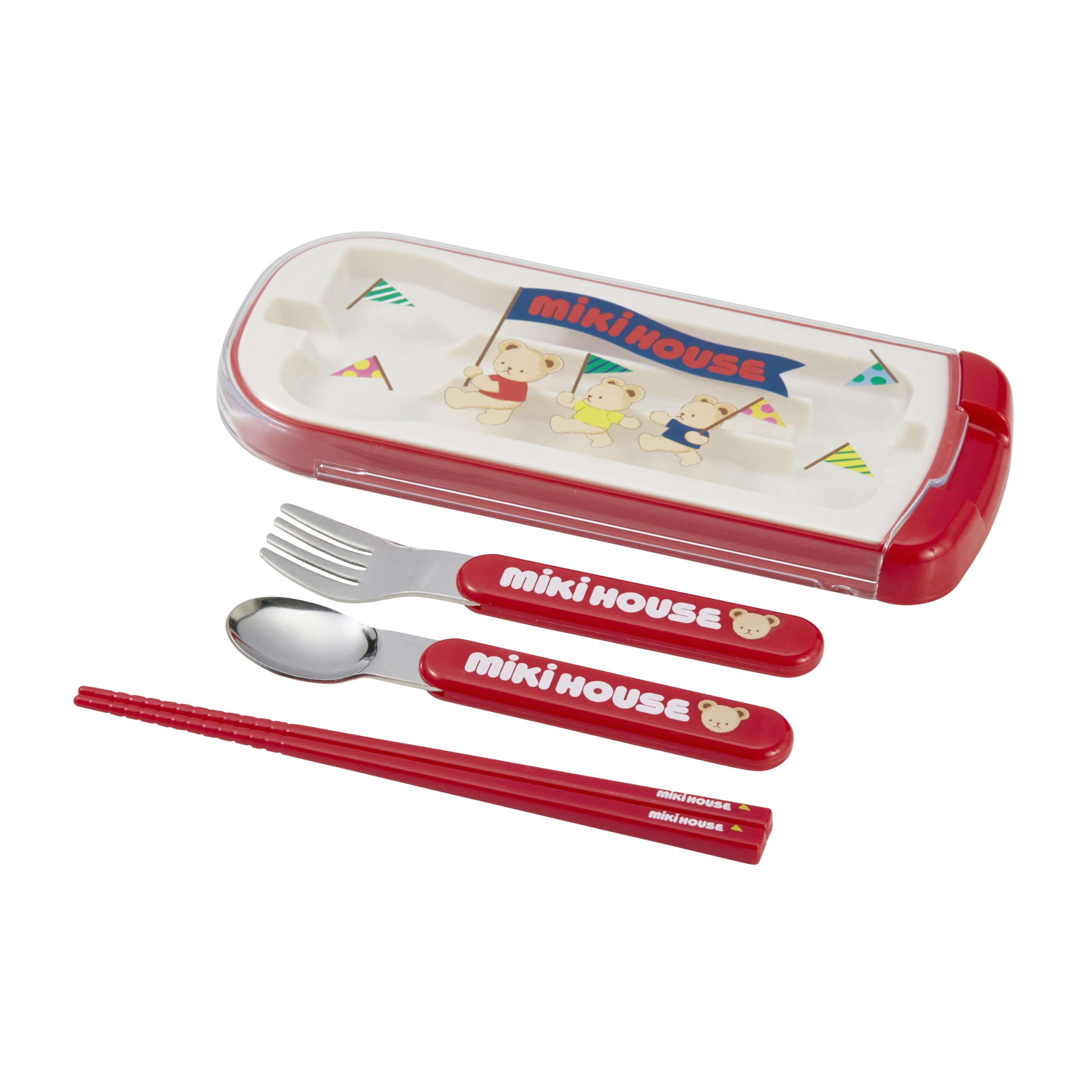 

MIKI HOUSE Trio Set: Chopsticks, Spoon, Fork, and Bear Design, Made in Japan, Dishwasher Safe, Suitable for Boys and Girls, Baby, Kids, Kindergarten,