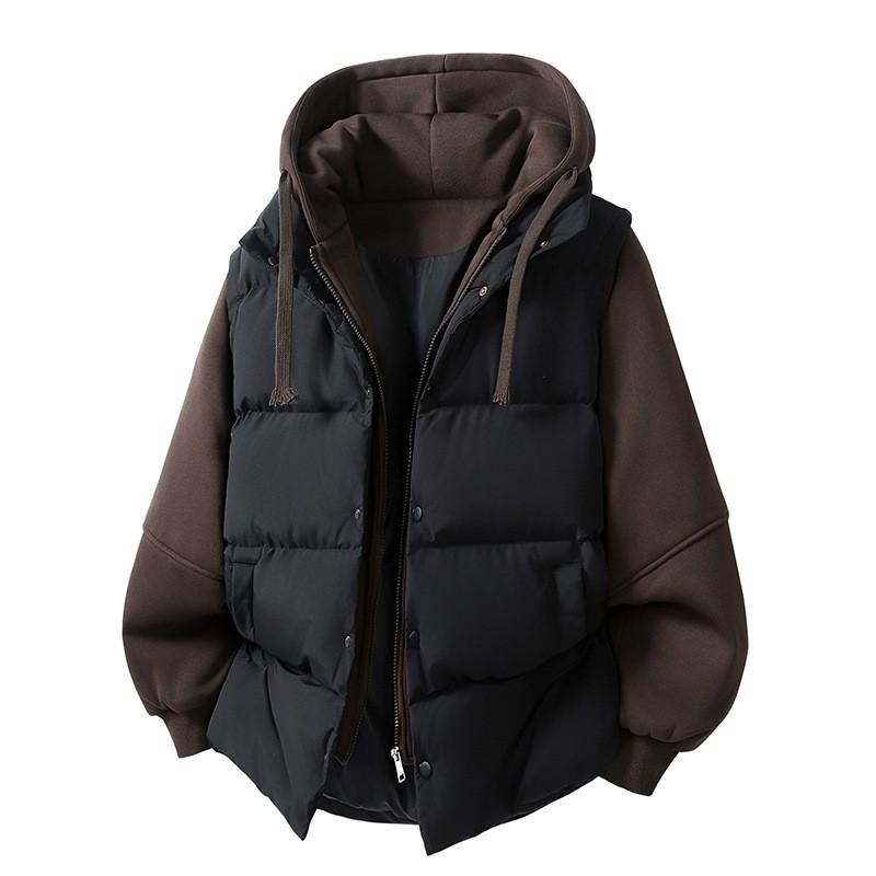 Mens Winter Puffer Jacket Faux Two-Piece Thick Hooded Loose Cotton Coat Teens
