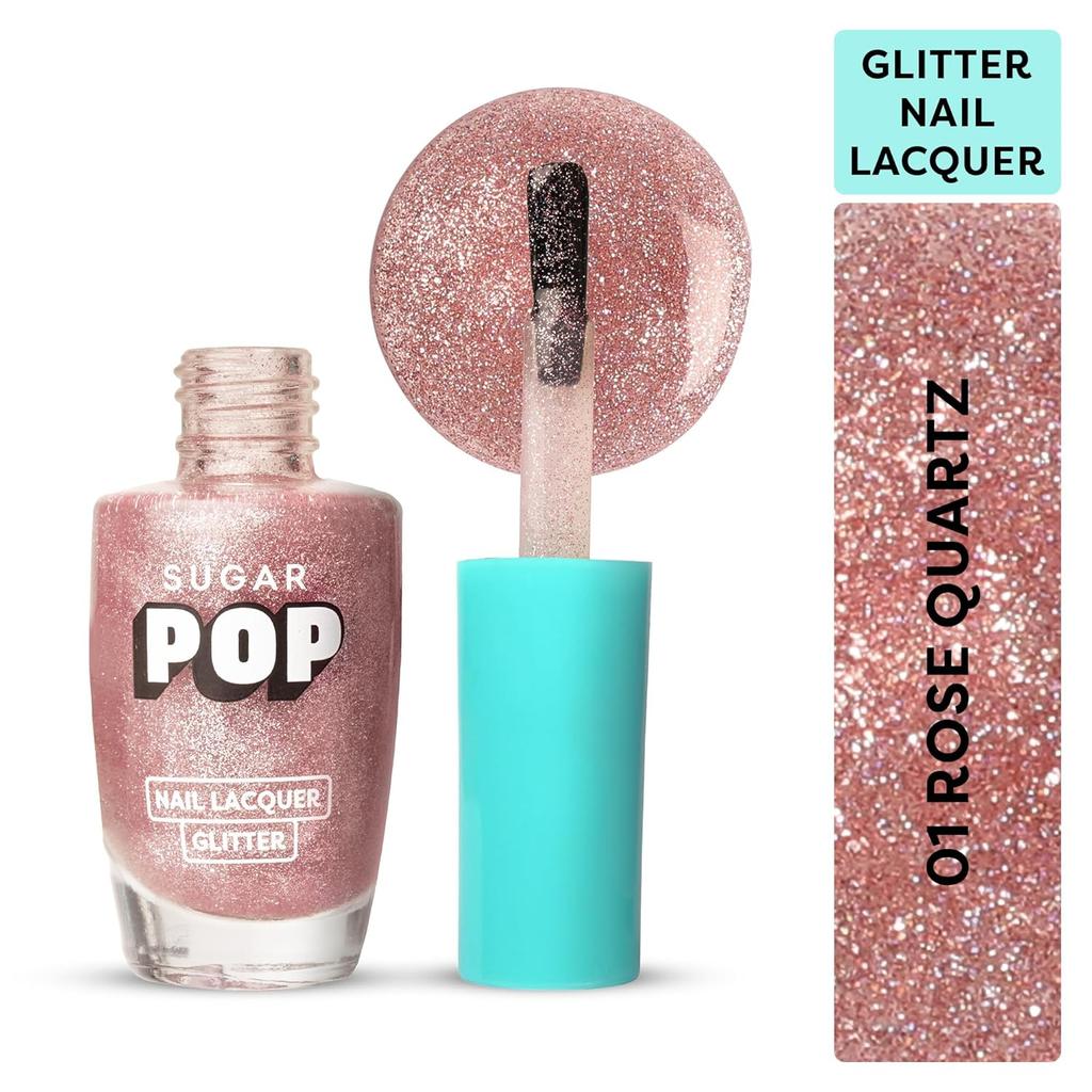 SUGAR POP Nail Lacquer Glitter Finish 01 Rose Quartz 10 Ml Pack of 1 Quick Drying Long Lasting Shiny Shimmer Shandy Polish