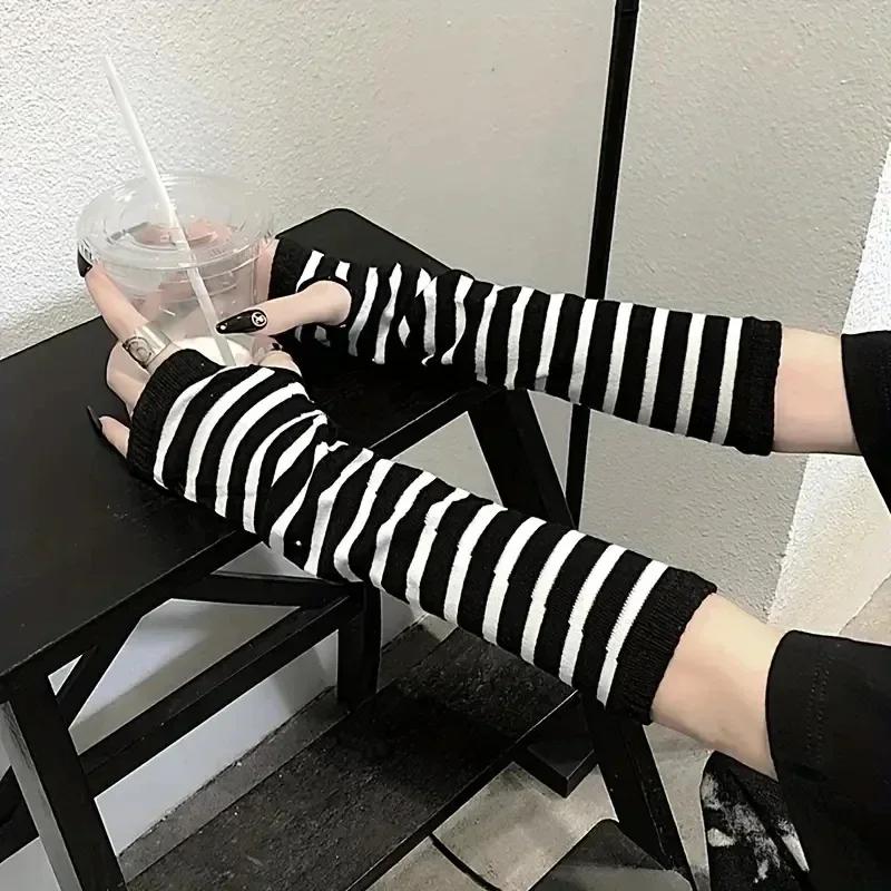Women Men Gothic Lolita Glove Arm Cover Harajuku Arm Warmers Striped Fingerless Punk Long Wristband Fashion  Girls Gloves