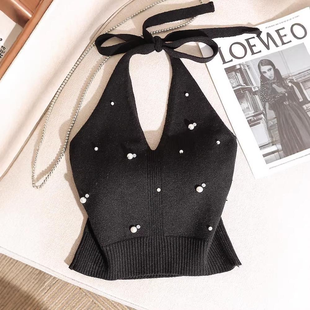 Women s Stunning French Beadwork Halter Tank: Slim-Fit, Stylish Off-Shoulder Knitted Top for Summer One Size чёрный