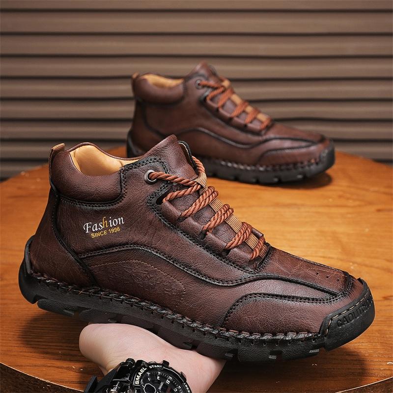 Vintage Style Mens High Top Shoes Non-Slip Male Leather Shoes Fashion Outdoor Sneakers Lace Up  Ankle Boots Men Motorcycle Boots