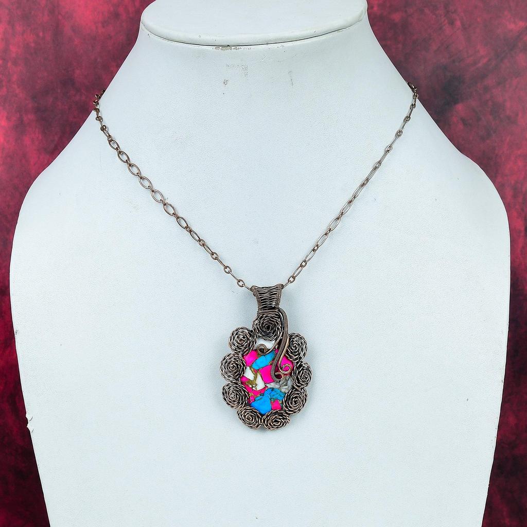 Cotton Candy Turquoise Gemstone Pendant Copper Wire Wrapped Flower Jewelry