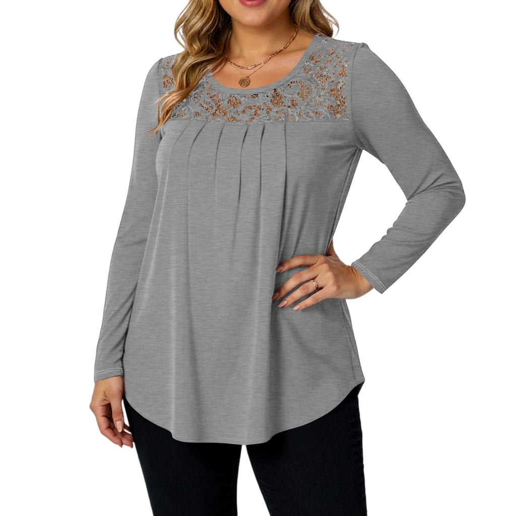 Ladies' Casual And Fashionable Round Neck Collar Lace Long Sleeved Solid Color T-shirt Plus Size Top