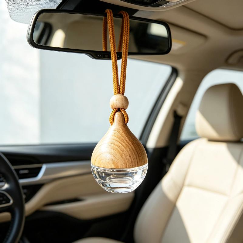 Empty Hanging Car Diffuser Bottles with Natural Wooden Lids Clear Glass Reusable for Homemade Car Air Fresheners