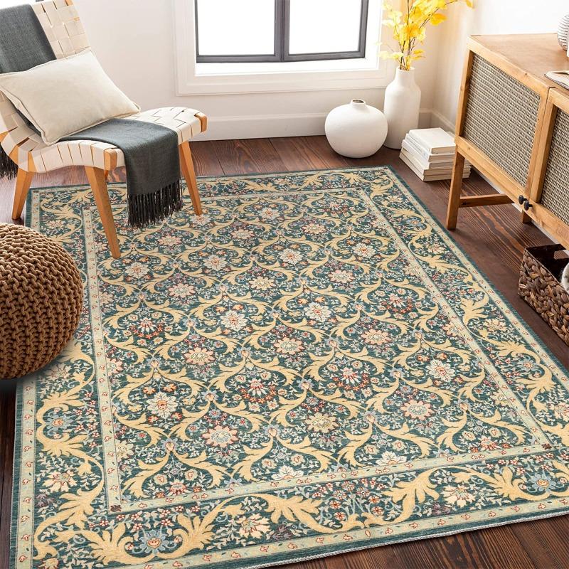Large Persian Style Navy Blue Floral Area Rug Central Medallion Living Room Bedroom Traditional Decor Carpet Home Decoration Mat