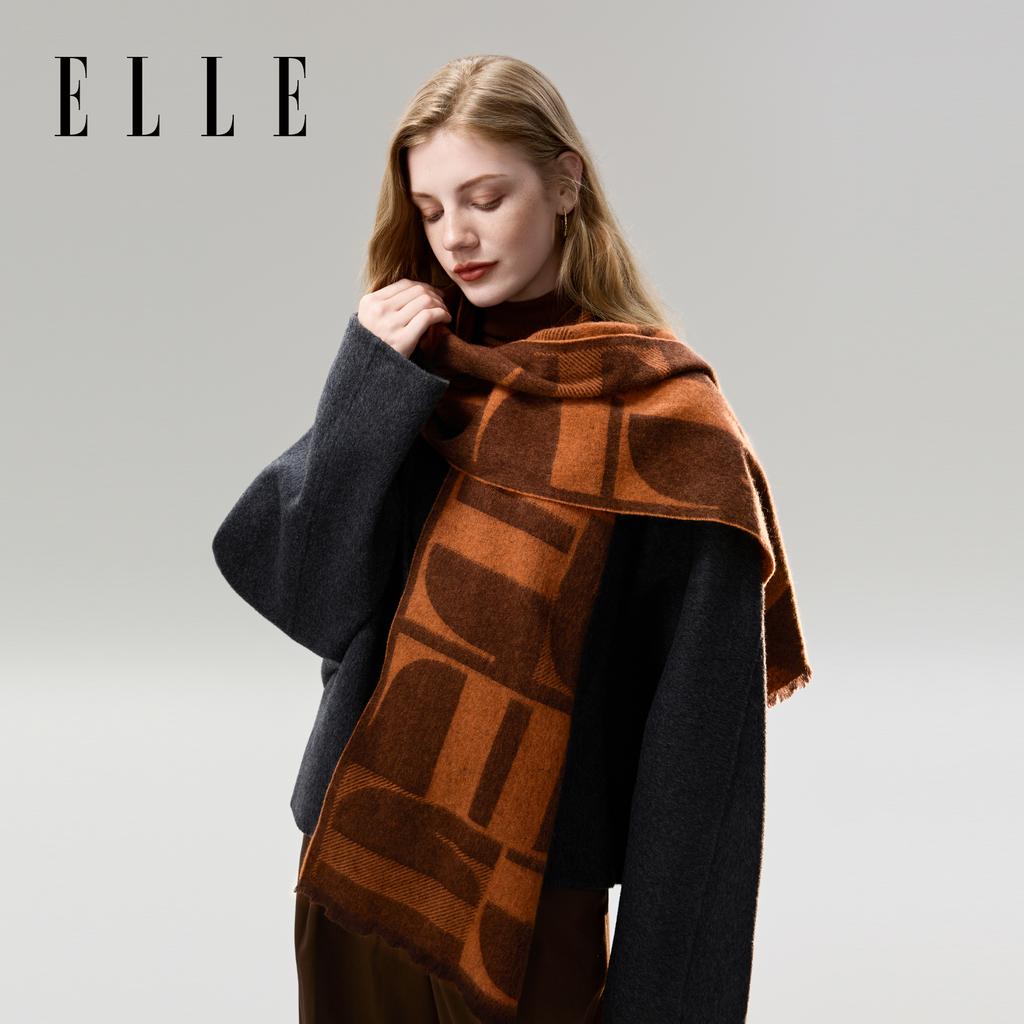 ELLE 100% Sheepskin Scarf Women's Autumn and Winter Warm Fashion Letter Jacquard Shawl Dual purpose