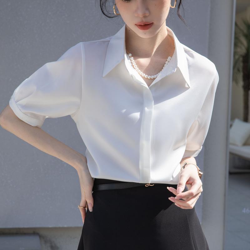 GMXIA Women's Blue Shirt Female Short-sleeved Summer Thin Professional Temperament Medium-sleeved Anti-wrinkle Non-iron Blouse Tops