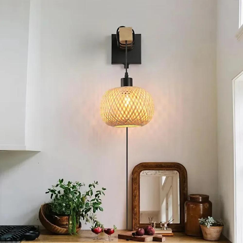 Plug In Wall Sconce, Handmade Rattan Bamboo Night Light, Elegant Wooden Bedroom Lamp, Boho Farmhouse Plug-in Lighting