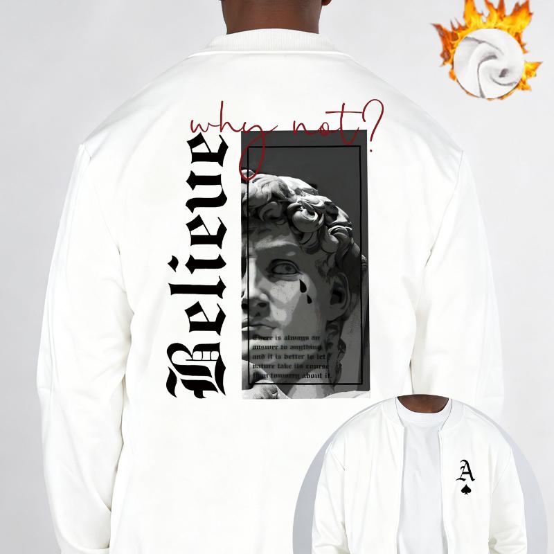 

Faux Fur Collared Baseball Jacket, Denim Body, White, Fashionable and Warm S