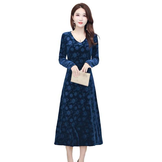 Kadın Sonbahar Kış Elbise V Yaka Kalın A-line Slim Fit Uzun Kollu Vintage Aplike Baskılı Orta buzağı Uzunluğu Bayan Midi Elbise