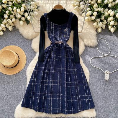 Herbst Winter Damen Pulloverkleid Set Lässige Strickpullover Tops + Karokleid Tweed 2-teilige Outfits Damen mit Gürtel