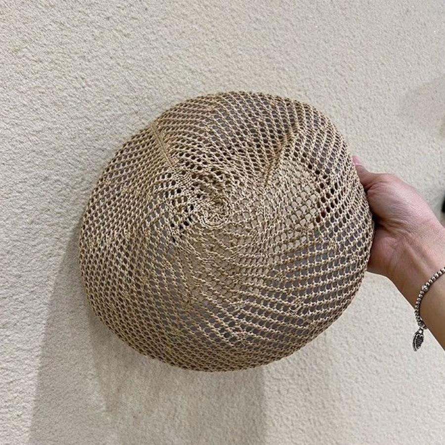 Women's Hollow Out Beret Vintage Harajuku Style Mesh Bucket Hat Breathable Face Slimming Artist Cap Summer Kawaii