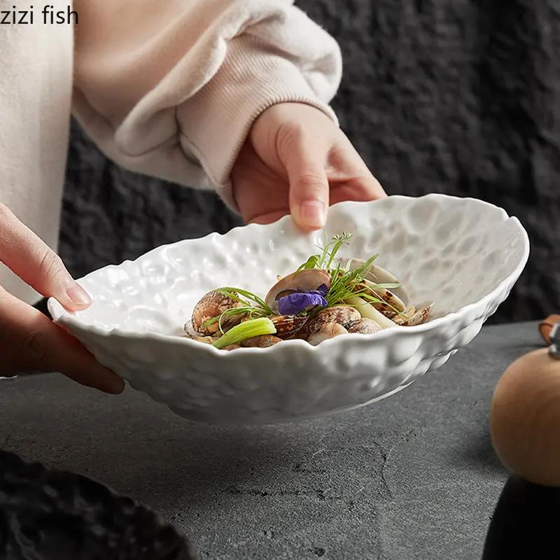 Oval Salad Plate Ceramic Dinner Plate Restaurant Spaghetti Plates Dessert Plates Snack Plates Household Solid Color Tableware