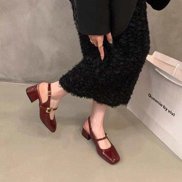 French thick heel bag head sandals women's skirt red single shoes 2025 summer new gentle evening Mary Jane shoes