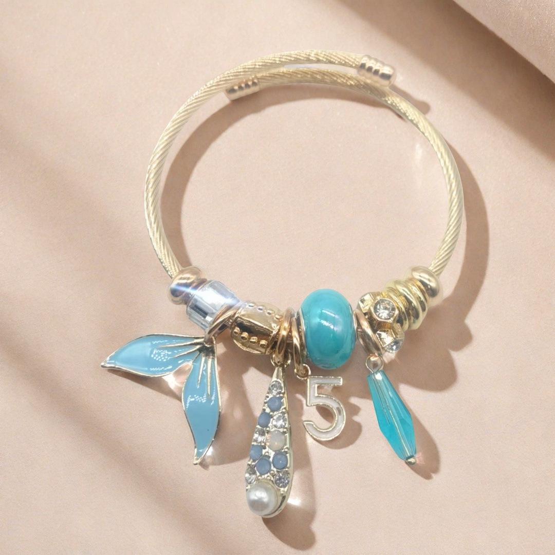 

Женский браслет Pandora Dora из нержавеющей стали с бусинами-бриллиантами и подвеской «Рыбий хвост», регулируемый браслет-манжета озеро синий