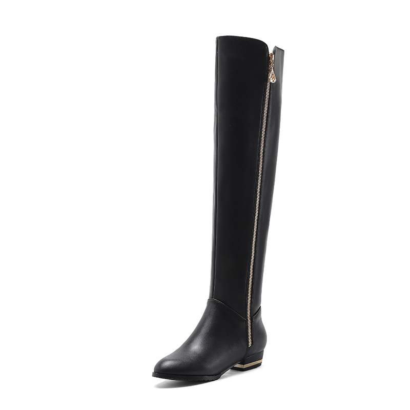 Krazing Pot Cow Skin Autumn Winter Shoes Low Heels Brand Shoes Big Size 45 Size 44 Size 46 Women Zipper Keep Warm Knee Boots