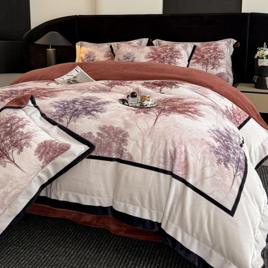 G5Z Französisches Retro Luxus Warmes Koralle Bettwäscheset - 4 Teile (Doppelseitige Bettwäsche & Bettbezug)