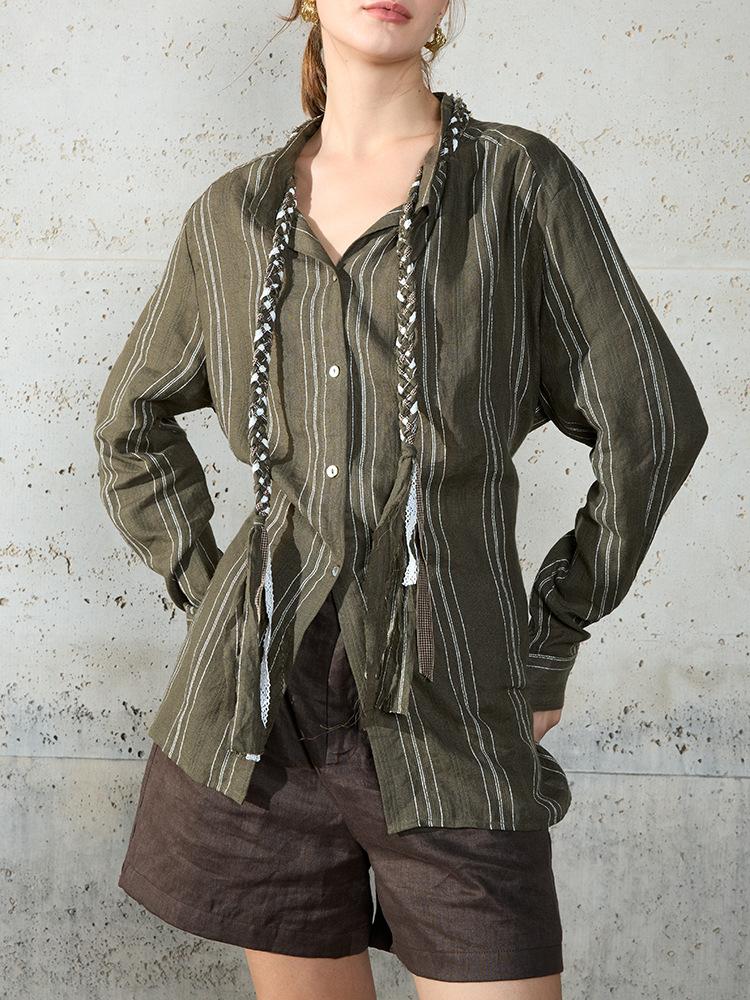 Old money wind striped shirt original design sense tie decorative cotton and linen top spring stand-up collar casual long-sleeved shirt