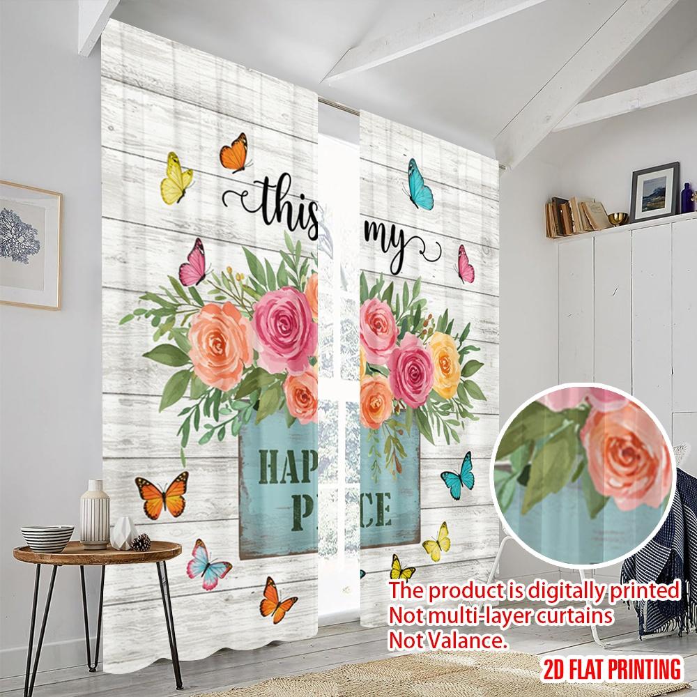 2pcs 2D flat printing Curtain Floral Butterflies Happy Place Sign Polyester Without Electricity Festive Curtains Perfect for