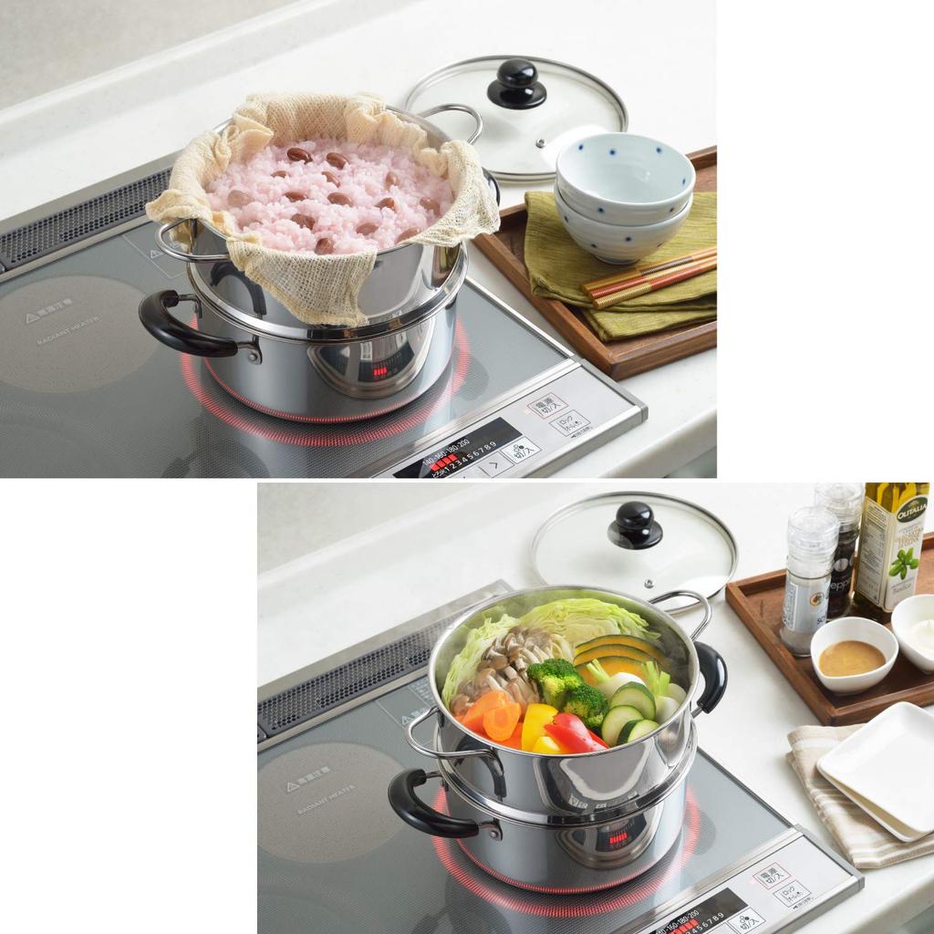 Yoshikawa Two-Tier Steamer, 20cm, 2.8L Capacity, Steaming Calendar, Stainless Steel, Induction Compatible, Gift Wrapping Available, SJ2967