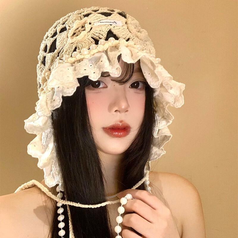 Womens Lace Pearl Floral Knit Hat With Fringe Trim Breathable Crochet Beanie Cap Off-White