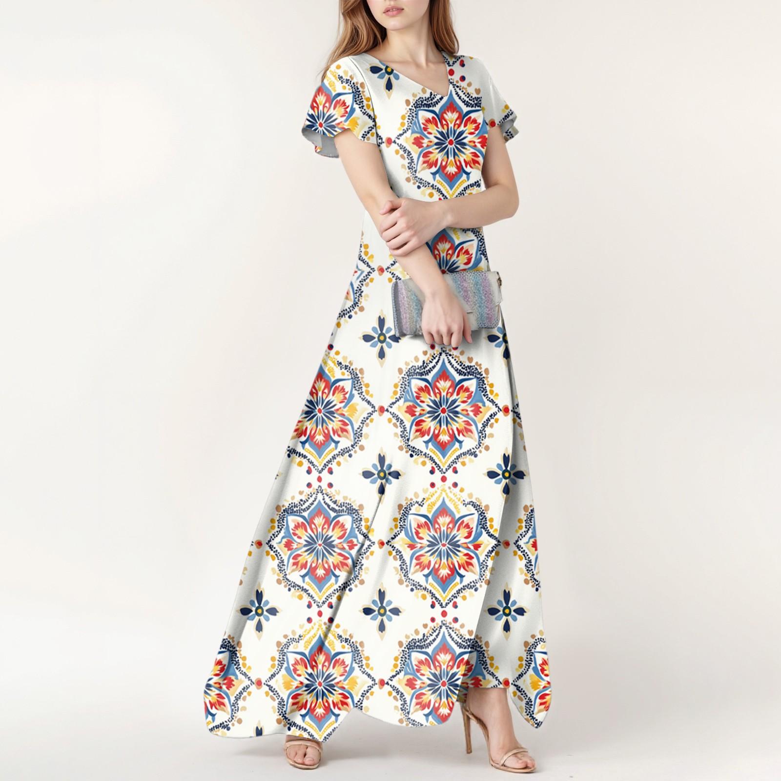 

Жіноча літня повсякденна модна богемна сукня з принтом, сукня з V-подібним вирізом та коротким рукавом XL білий