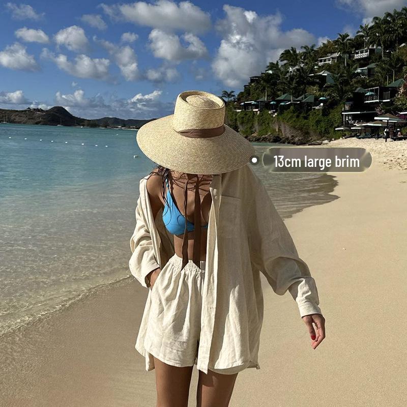 Women's Wide Brim Straw Hat with Ribbon for Beach Vacation and Sun Protection