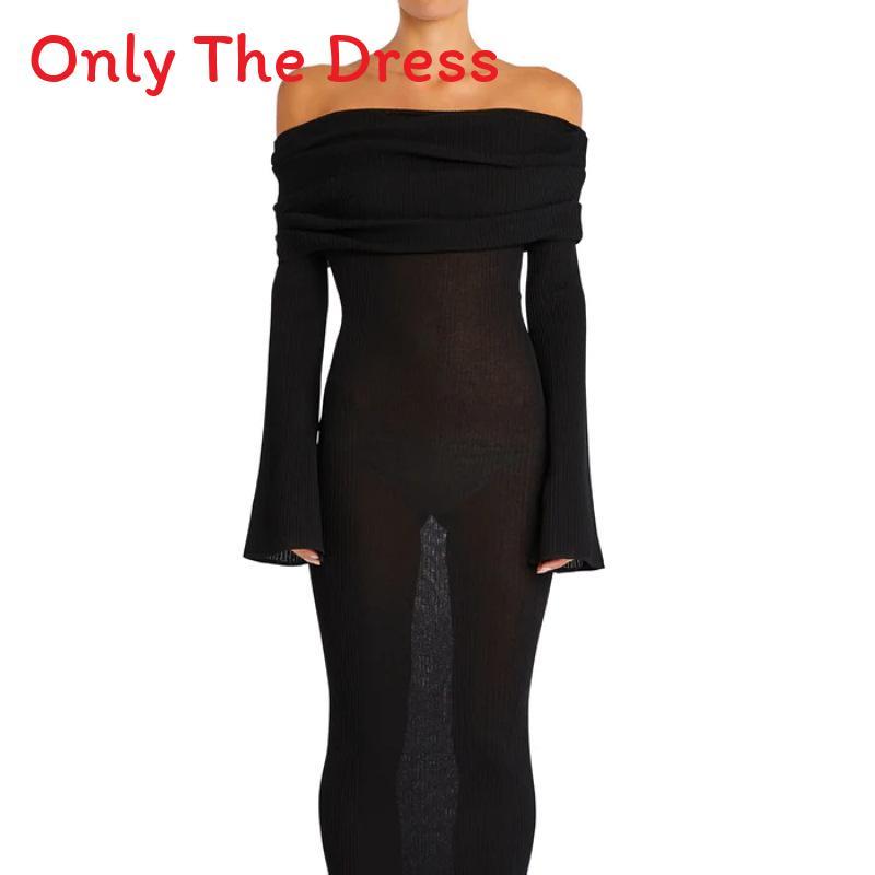 Long Sleeve Solid Color Dress With Ruffled Knit Fabric For Casual Streetwear Women