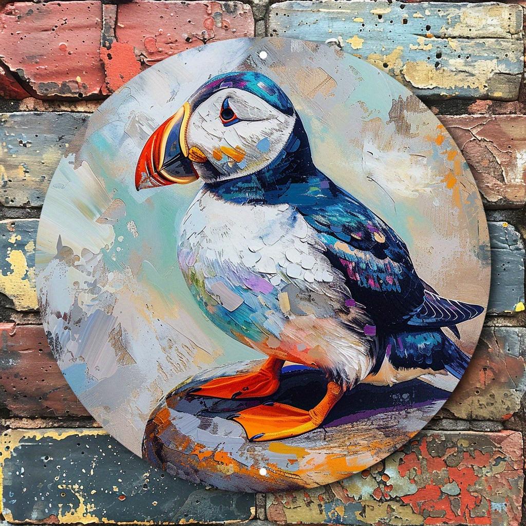 Vibrant Abstract Puffin Round Metal Sign D Flat Printed Oil Painting Style Art Tin Plaque Colorful Coastal Bird with Bright O 20x20cm(8x8inch)
