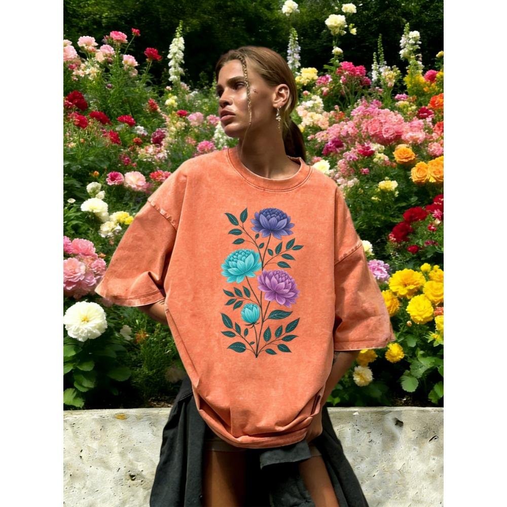 Aesthetic Flowers Branches Print Washed T-Shirt Women Breathable Cotton T Shirt Vintage Y2K Sportswear Loose Short Sleeve