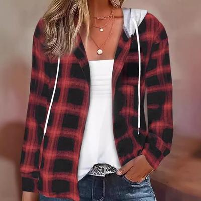 Autumn Winter Checkered Hooded Sweatshirt Button Down Casual Shirt Hoodies Women's Clothing