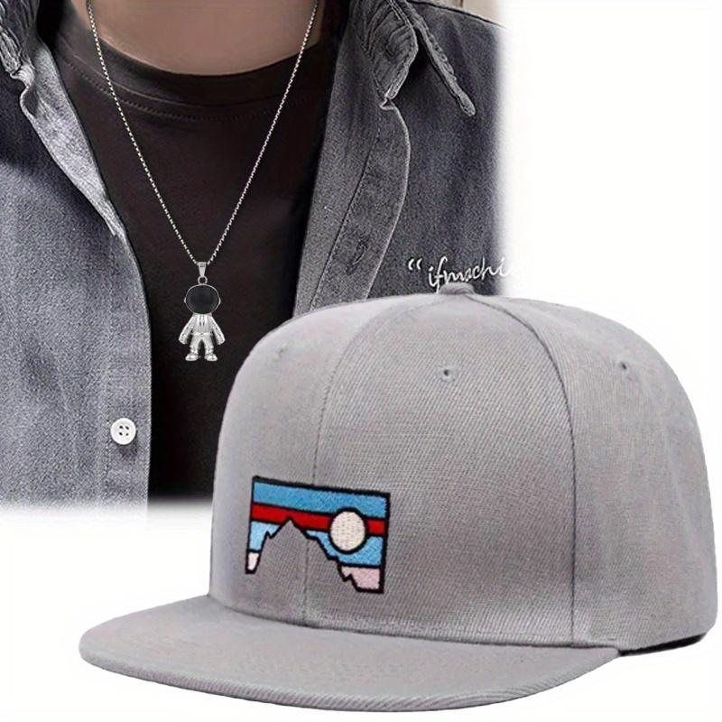 2Pcs Mountain Embroidery Hip Hop Hat Small Spaceman Pendant Necklace Set Men's Sports Baseball Hat Women's Fashion Casual Sun Protection Shade Hat
