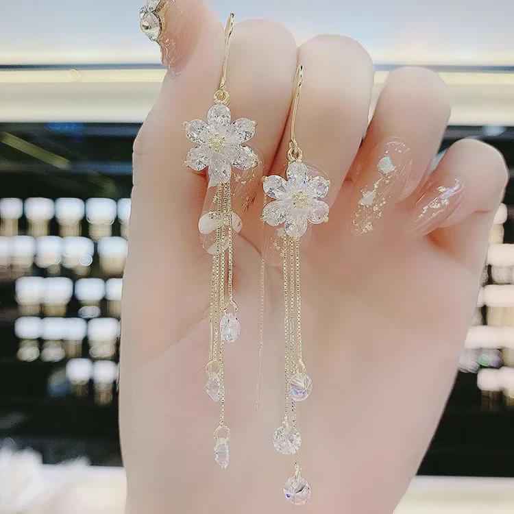 White Rhinestone Tassel Flower Earrings: Elegant Fairy Five-Petal Design