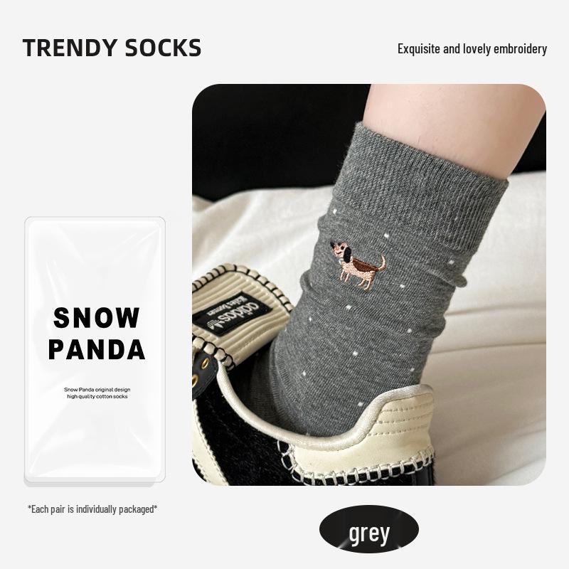 "Polka Dot Cartoon Bear Mid-Calf Women’s Socks - Korean & Japanese Style, Striped Color Block, Perfect for Spring & Autumn”