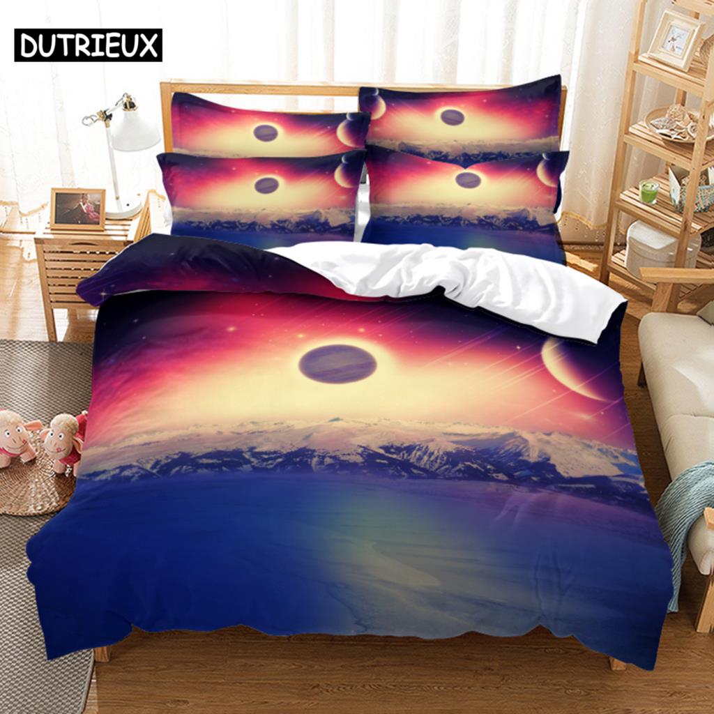 

3D Digital-Printed Aurora and Stars-Themed Duvet Cover Set in Queen Size - Fashionable Bed Linen Design (135x200cm)&set