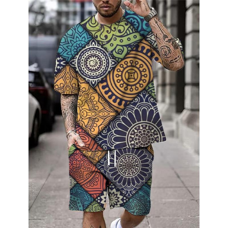 2025 New Summer Men's Short Sleeve Shorts Set Street Everyday Casual Men's T-Shirt Outdoor Fashion Loose Shorts Bohemian Print