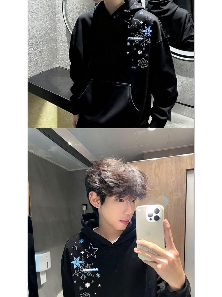 Unisex Retro Snowflake Embroidered Hooded Sweatshirt - Casual Loose Fit for Autumn/Winter