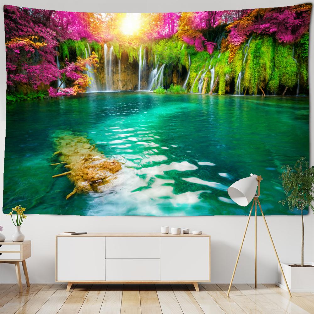 3D Print Tapestry Wall Hanging Waterfall Landscape Tapestry Beautiful Forest Stream Wall Carpet Beach Towel Home Decor Tapestry
