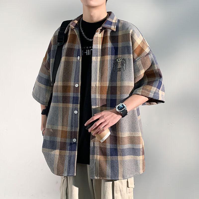 Foss Phil Men's Short-Sleeve Shirt, Summer Loose Plaid Shirt, Casual Jacket, Men's Clothing CY53 Gray-Blue XL