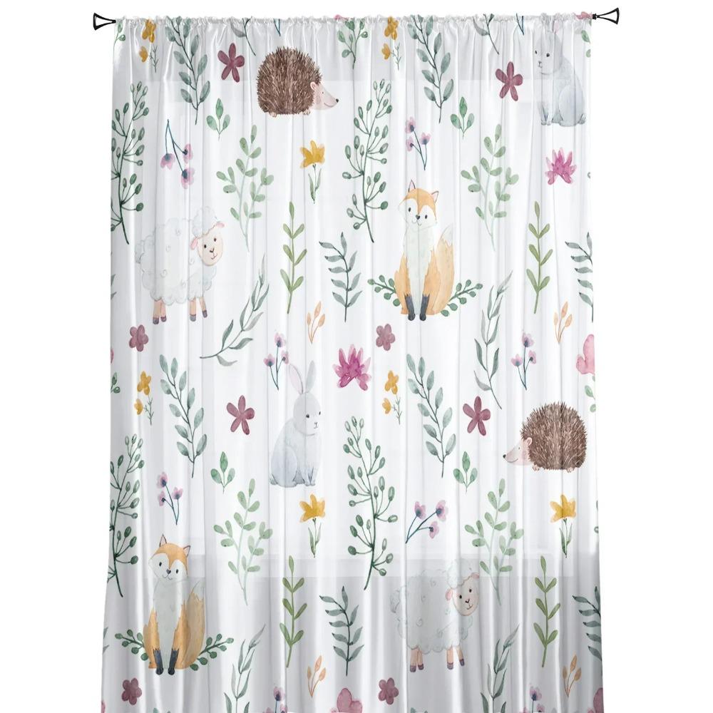 Cartoon Animal Hedgehog Fox Rabbit Green Leaf Netting Sheer Window Drapes for Living Room Bedroom Voile Organza Drapes Drapes